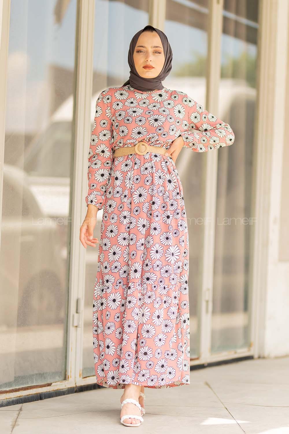 Modalamelif Hasır Kemerli Papatya Elbise Pudra