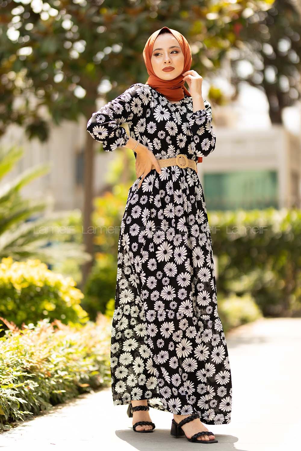 Modalamelif Hasır Kemerli Papatya Elbise Siyah