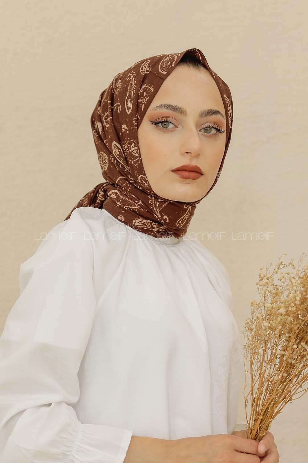 Modalamelif Kahve Rengi Motif Baskılı Pamuk Vual Şal