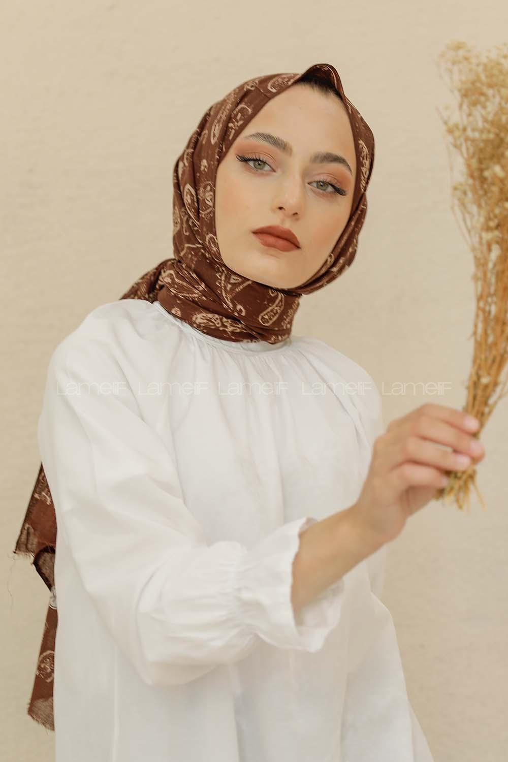 Modalamelif Kahve Rengi Motif Baskılı Pamuk Vual Şal