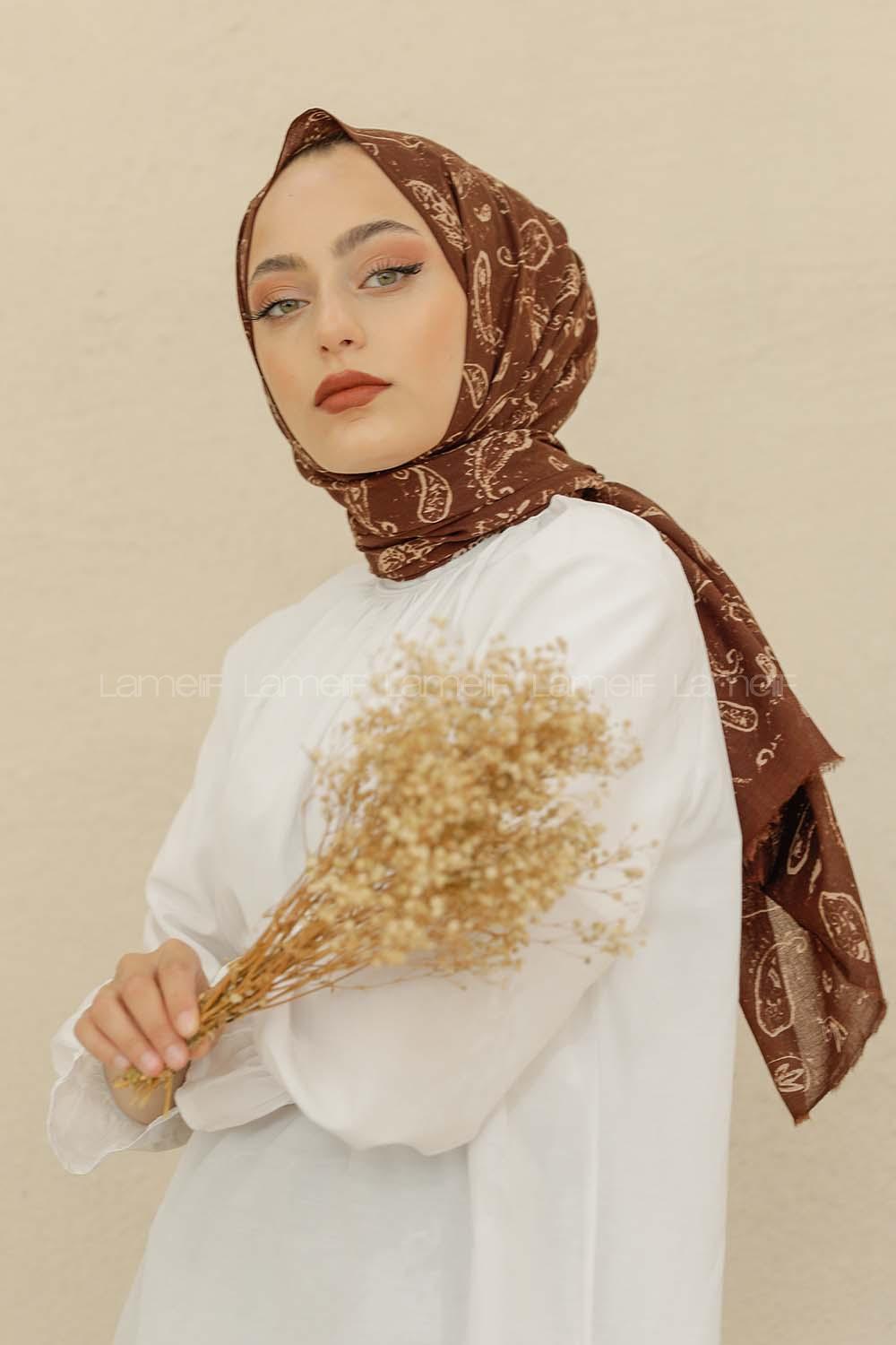 Modalamelif Kahve Rengi Motif Baskılı Pamuk Vual Şal