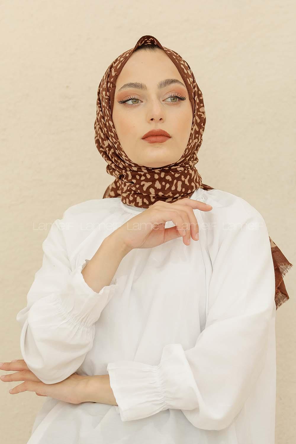 Modalamelif Kahve Rengi Taş Motifli Pamuk Vual Şal