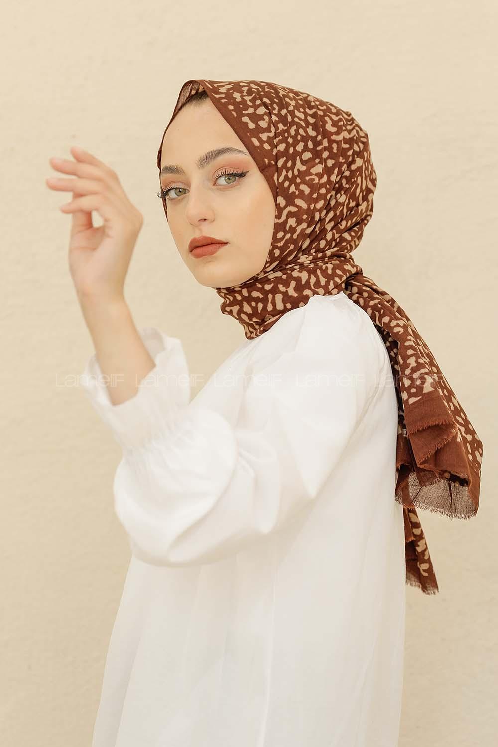 Modalamelif Kahve Rengi Taş Motifli Pamuk Vual Şal