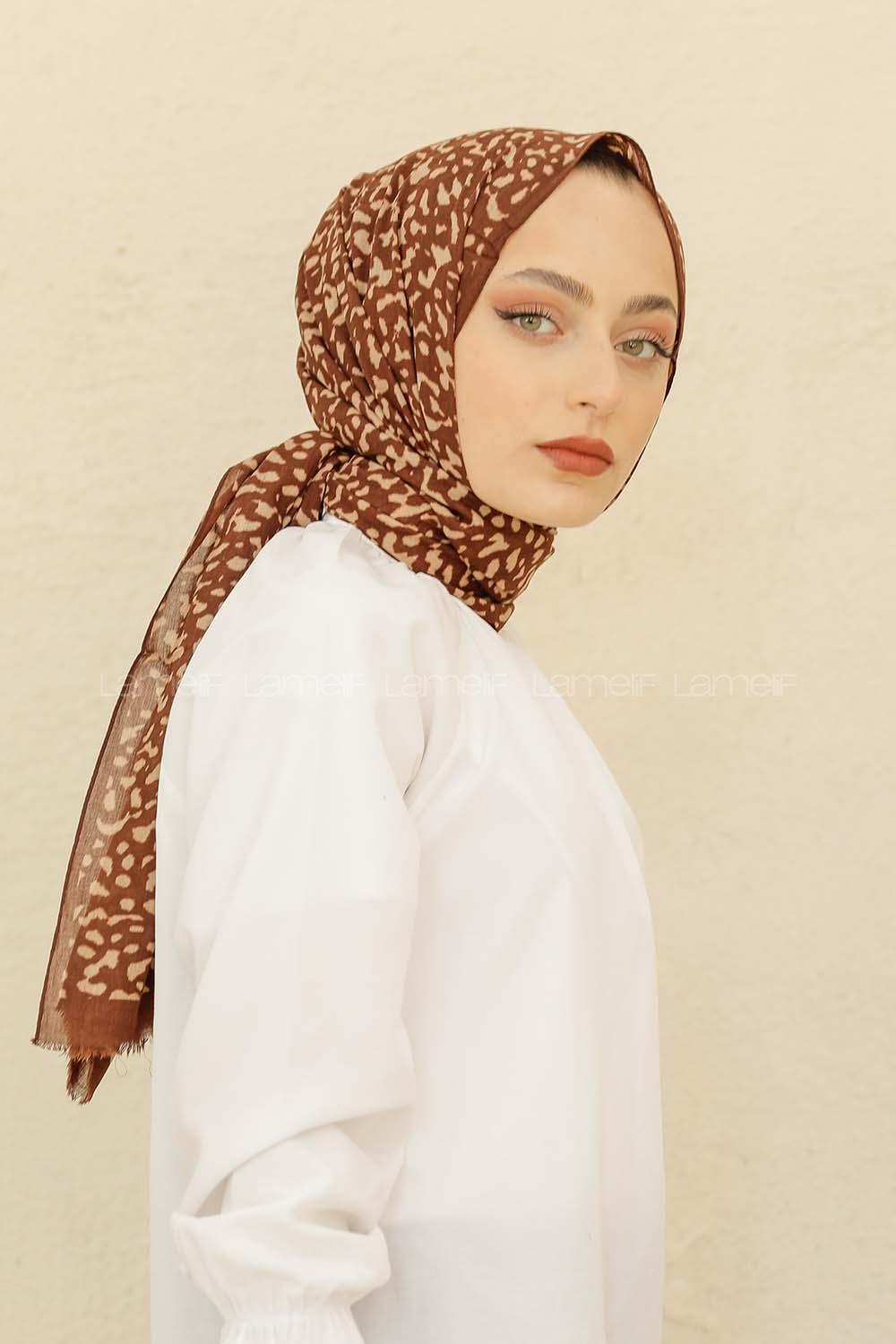 Modalamelif Kahve Rengi Taş Motifli Pamuk Vual Şal