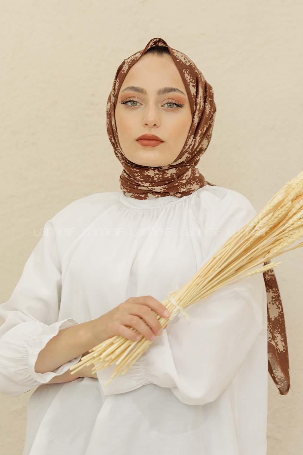 Modalamelif Kahve Renk Bulut Baskılı Pamuk Vual Şal