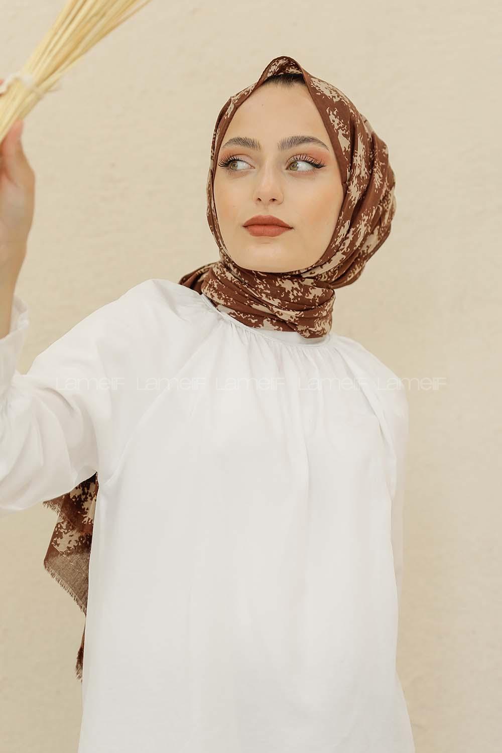 Modalamelif Kahve Renk Bulut Baskılı Pamuk Vual Şal