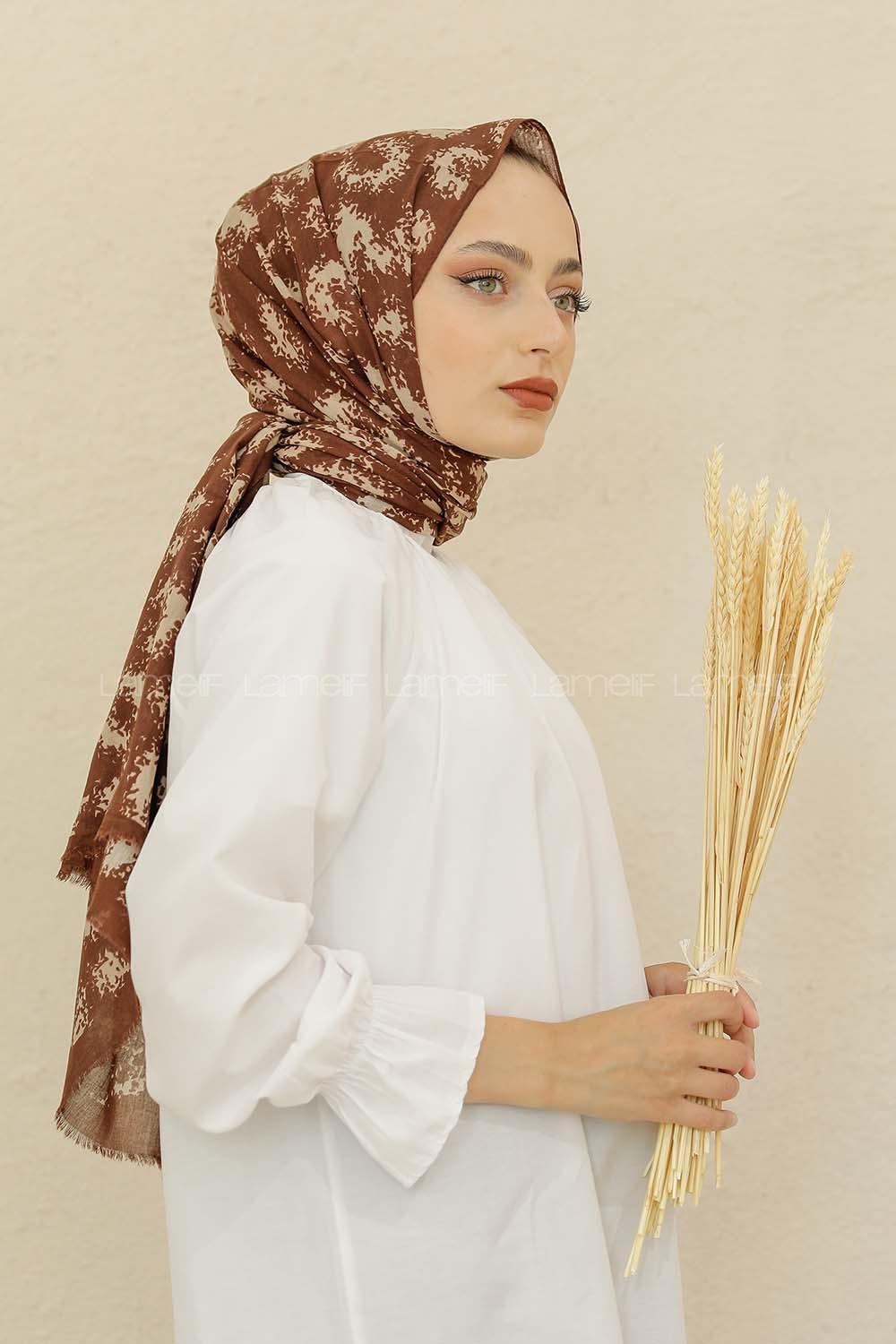 Modalamelif Kahve Renk Bulut Baskılı Pamuk Vual Şal