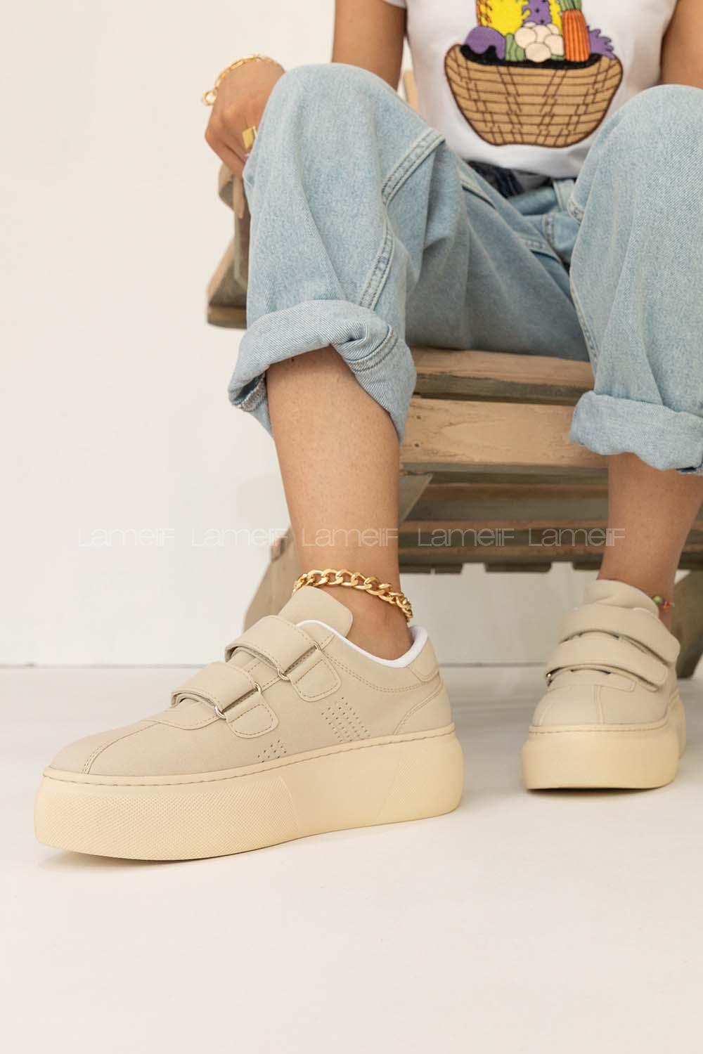 Modalamelif Kalın Taban Cırtlı Spor Ayakkabı Bej