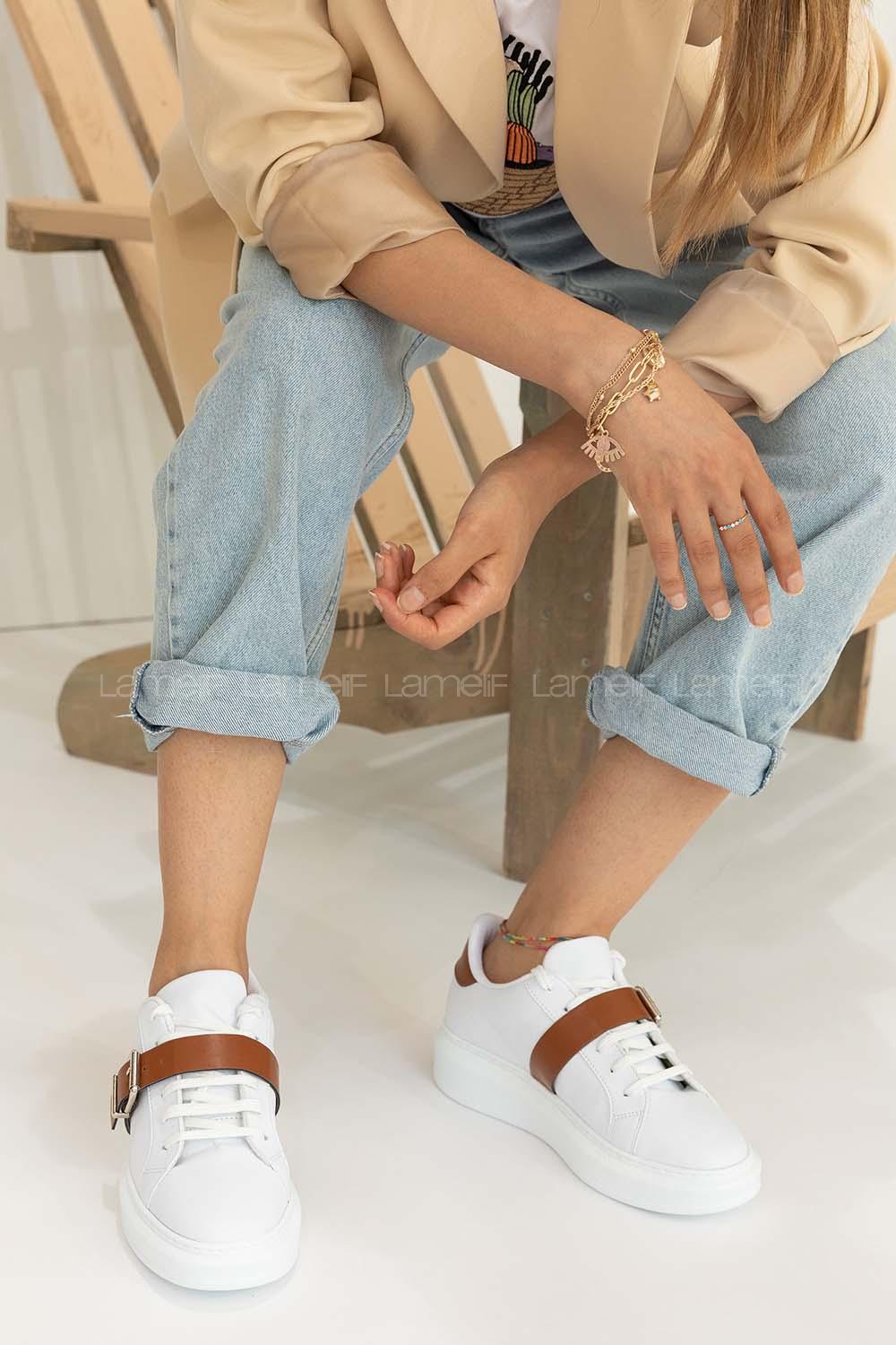 Modalamelif Kalın Taban Tokalı Spor Ayakkabı Beyaz Taba