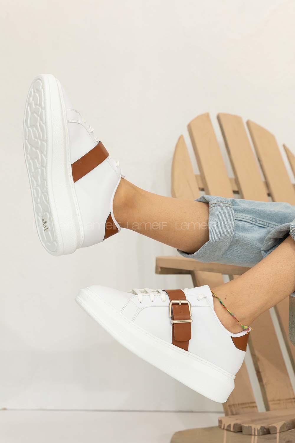 Modalamelif Kalın Taban Tokalı Spor Ayakkabı Beyaz Taba