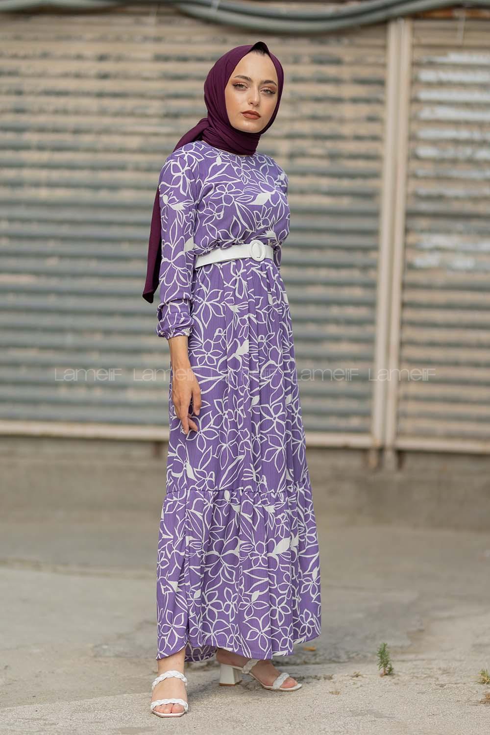 Modalamelif Kemerli Papatya Desen Elbise Lila