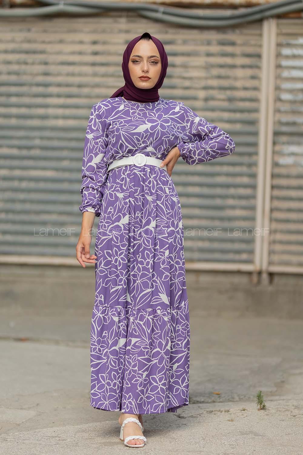 Modalamelif Kemerli Papatya Desen Elbise Lila