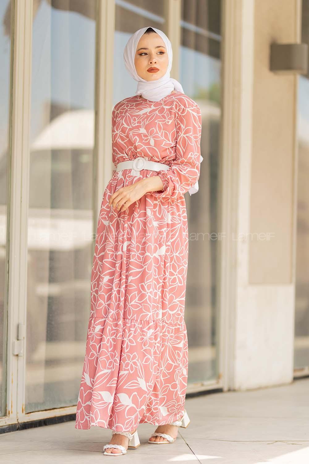 Modalamelif Kemerli Papatya Desen Elbise Pudra