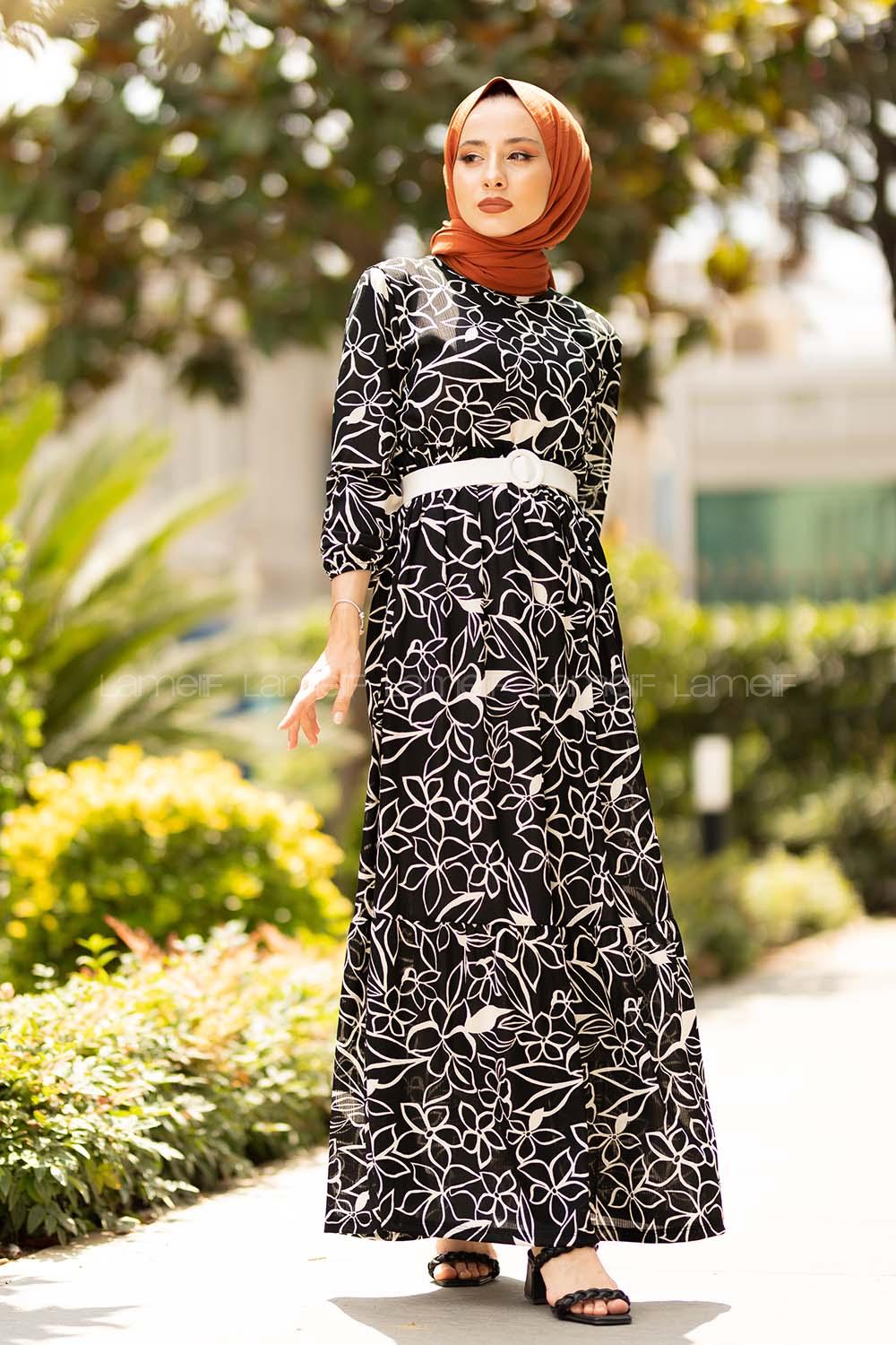 Modalamelif Kemerli Papatya Desen Elbise Siyah