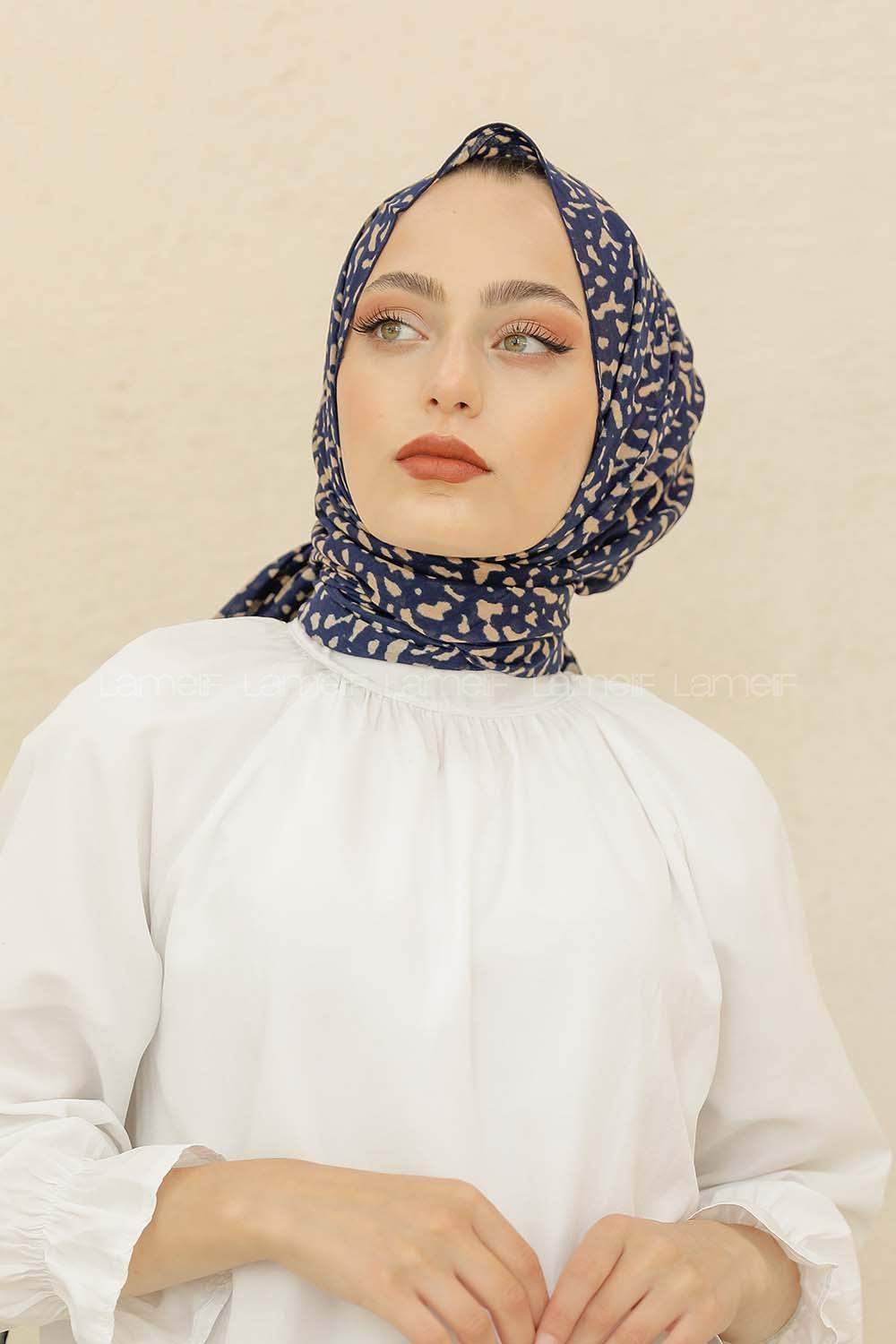 Modalamelif Lacivert Rengi Taş Motifli Pamuk Vual Şal