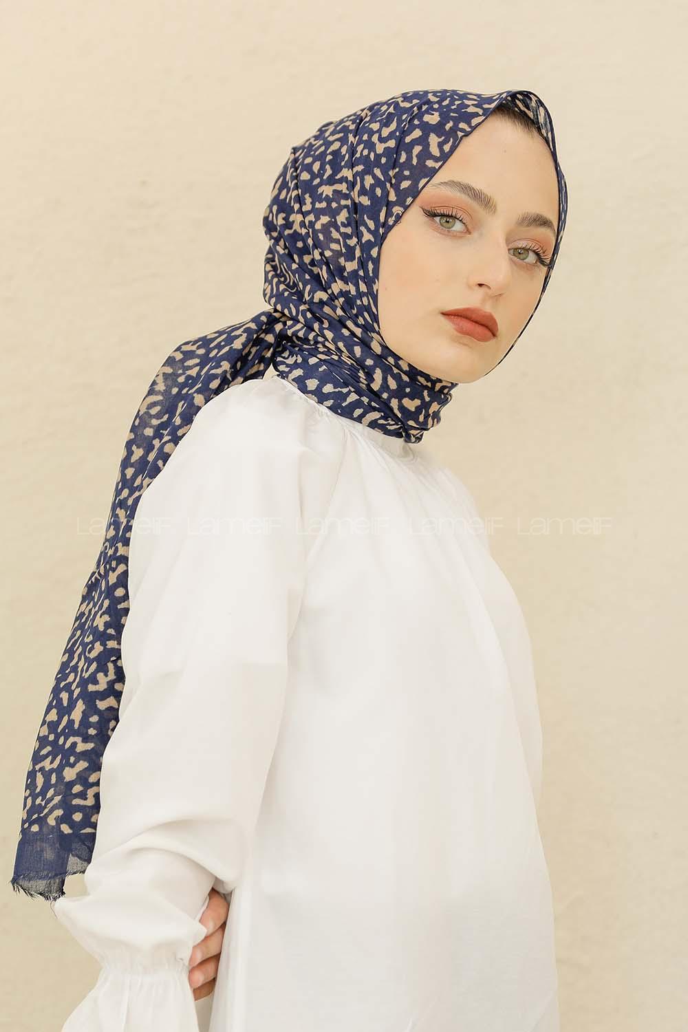 Modalamelif Lacivert Rengi Taş Motifli Pamuk Vual Şal