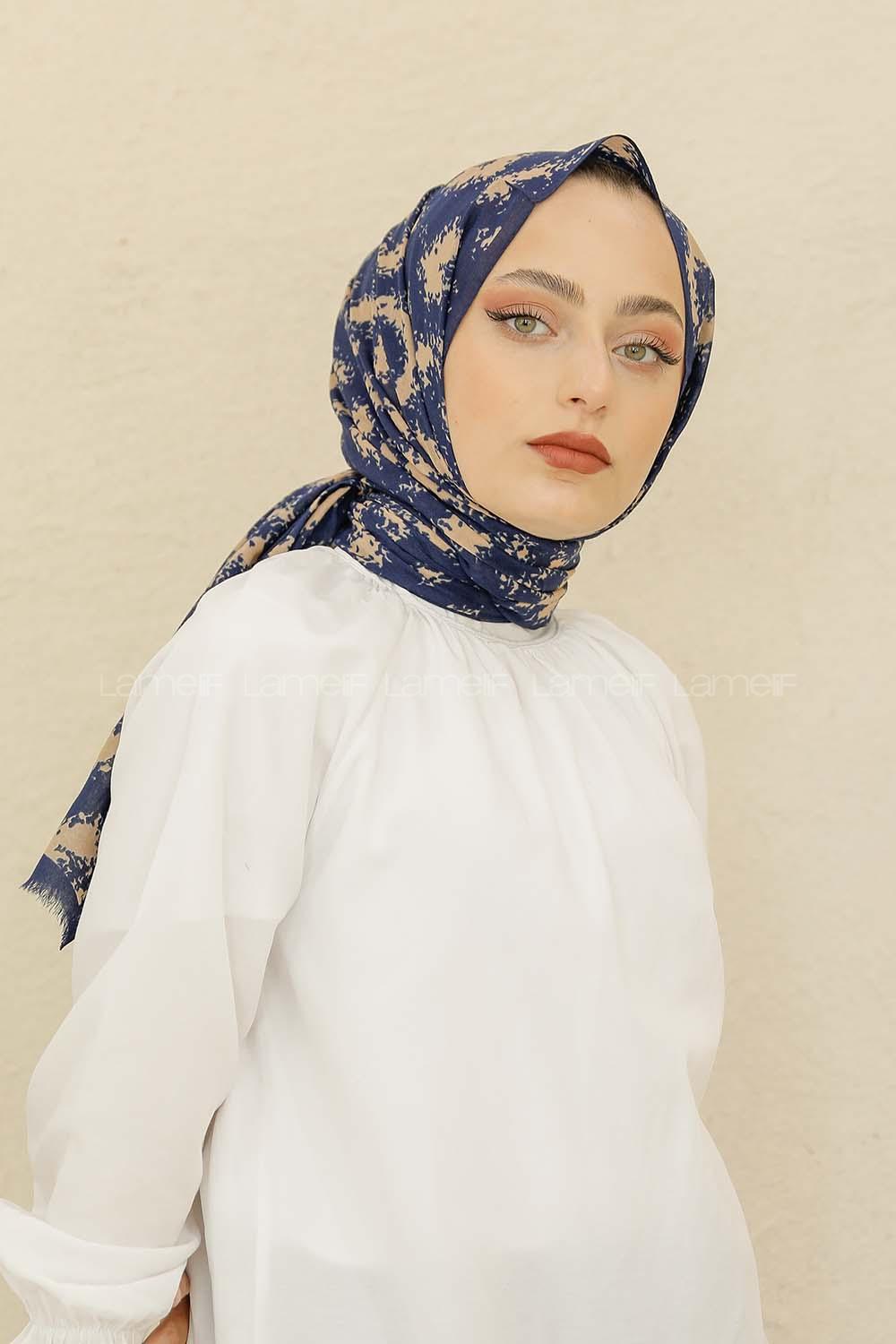 Modalamelif Lacivert Renk Bulut Baskılı Pamuk Vual Şal