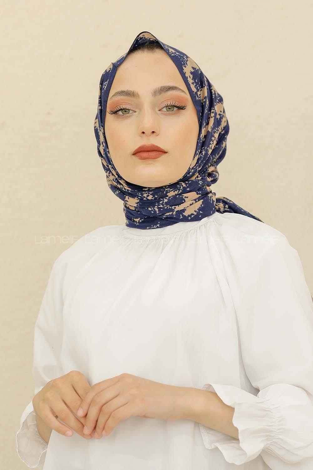 Modalamelif Lacivert Renk Bulut Baskılı Pamuk Vual Şal