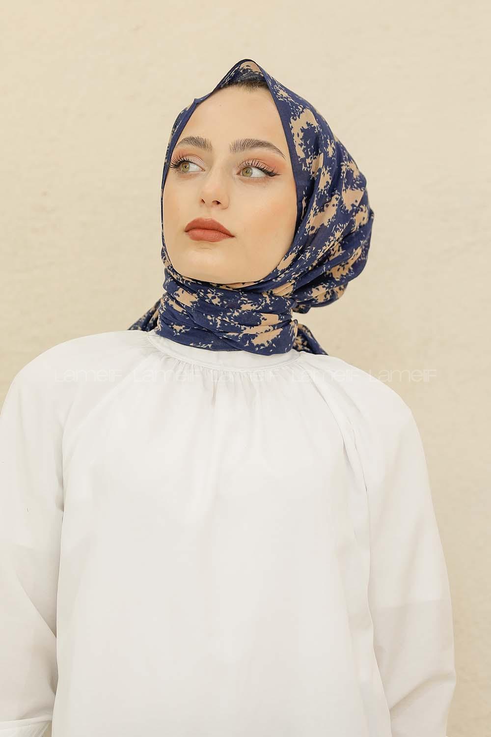 Modalamelif Lacivert Renk Bulut Baskılı Pamuk Vual Şal