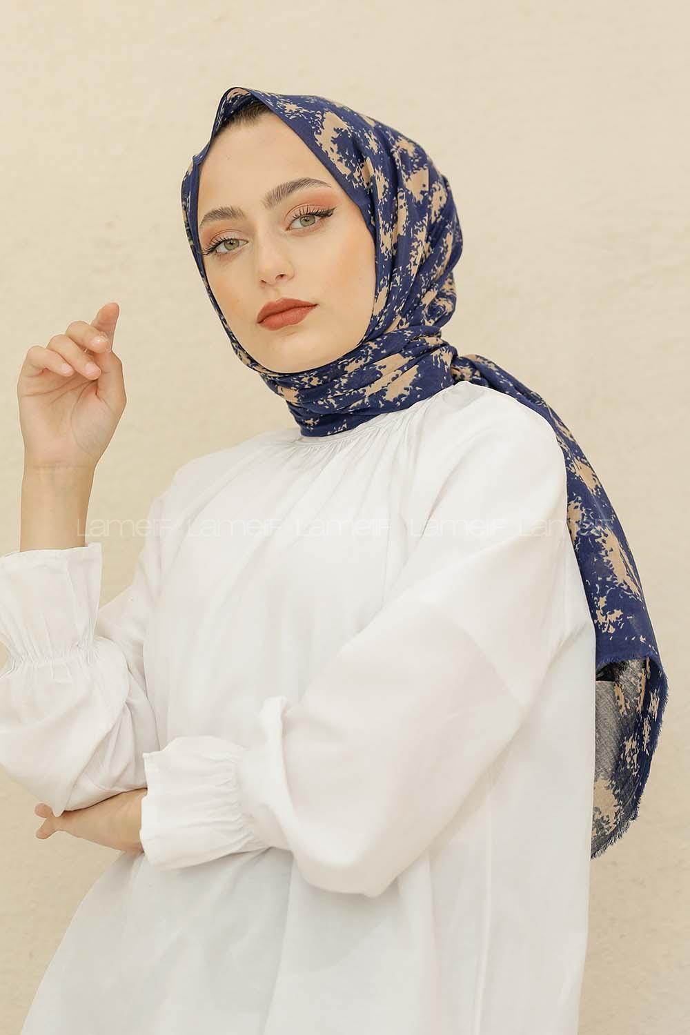 Modalamelif Lacivert Renk Bulut Baskılı Pamuk Vual Şal