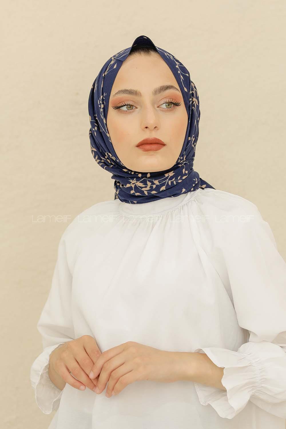 Modalamelif Lacivert Renk Ceviz Yaprağı Pamuk Vual Şal