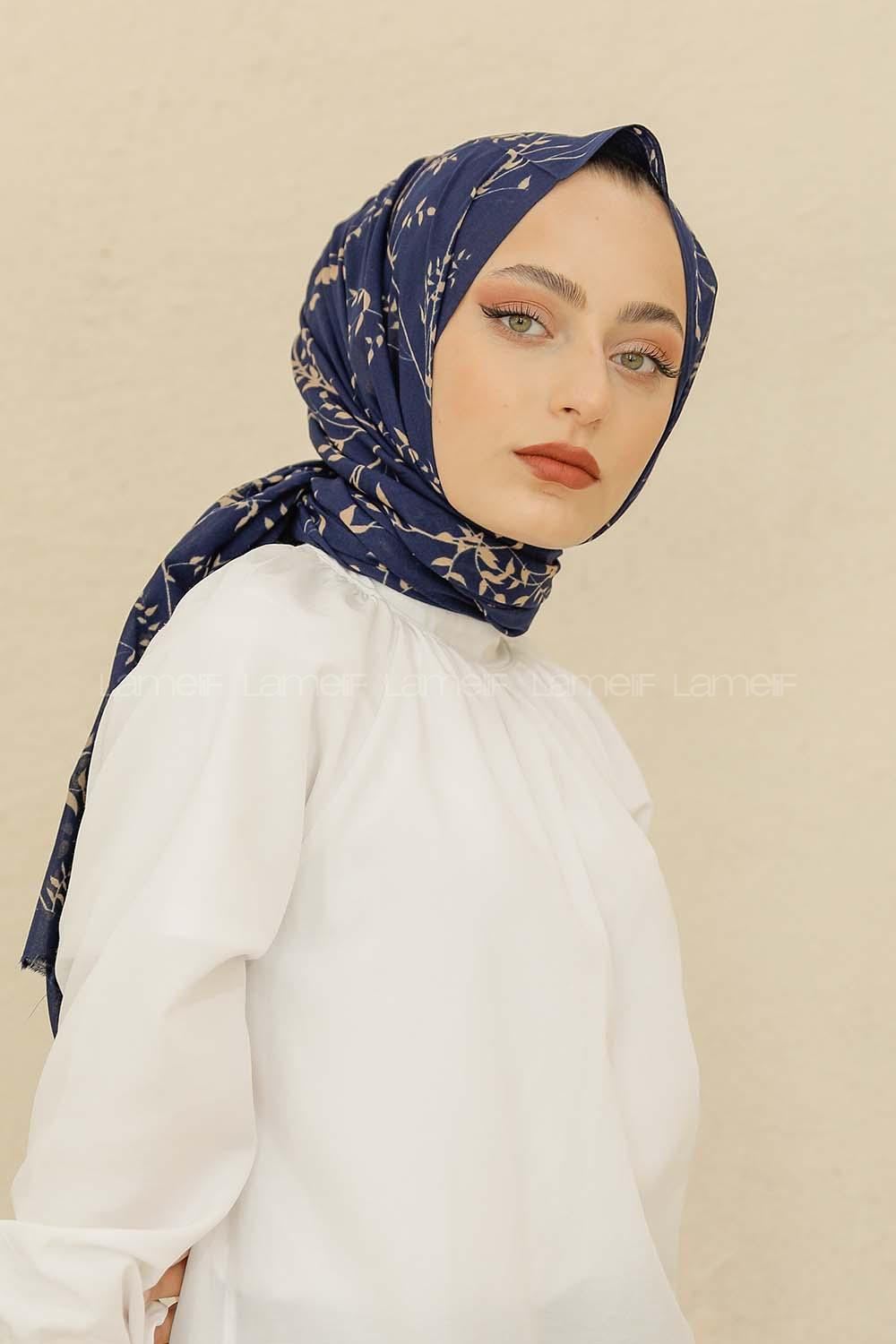 Modalamelif Lacivert Renk Ceviz Yaprağı Pamuk Vual Şal