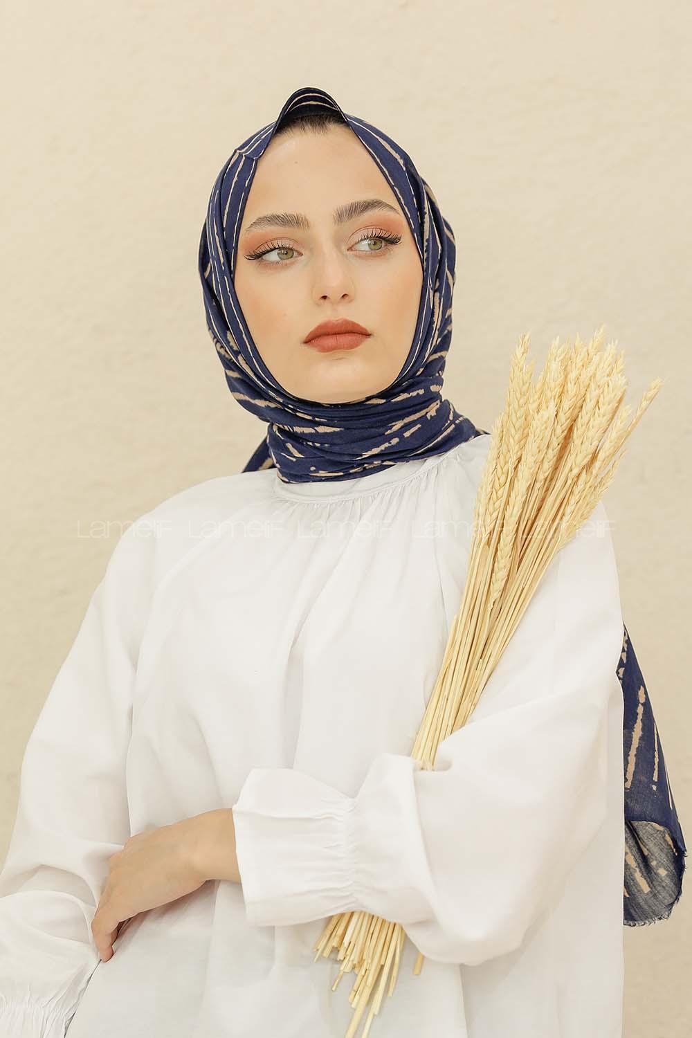 Modalamelif Lacivert Renk Çizgi Desen Pamuk Vual Şal