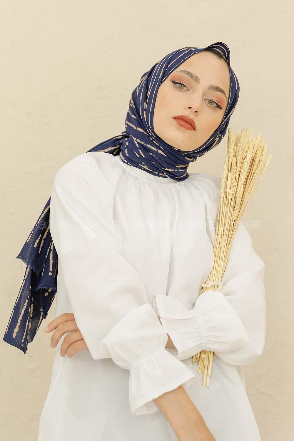 Modalamelif Lacivert Renk Çizgi Desen Pamuk Vual Şal