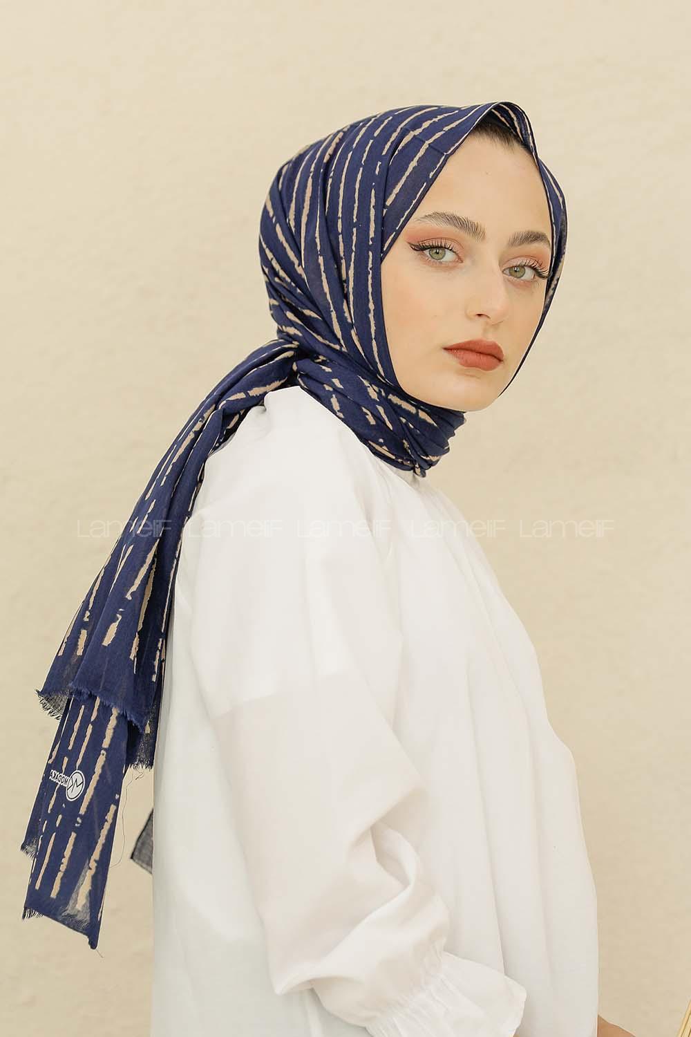 Modalamelif Lacivert Renk Çizgi Desen Pamuk Vual Şal