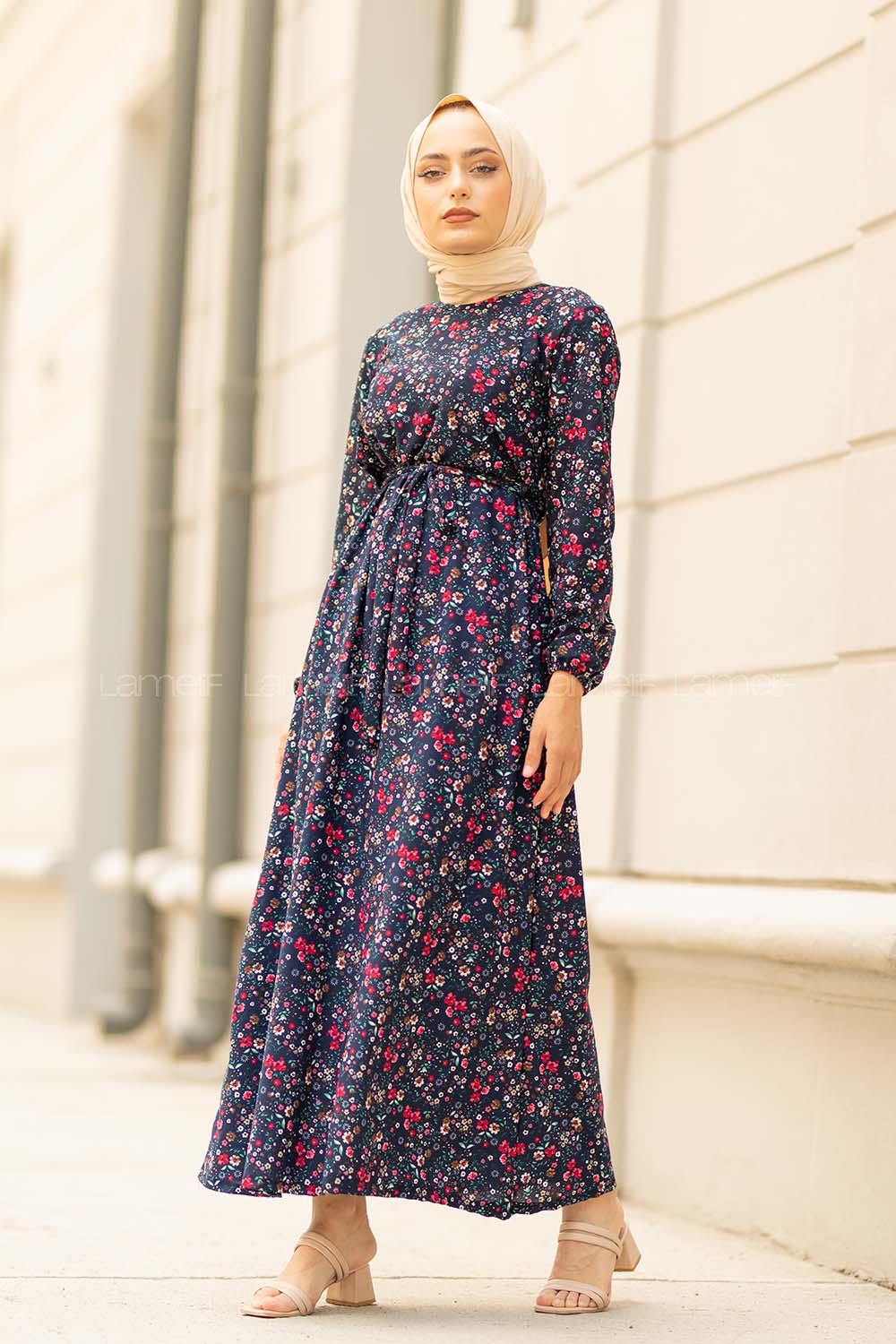 Modalamelif  Minimal Çiçek Desen Elbise Lacivert