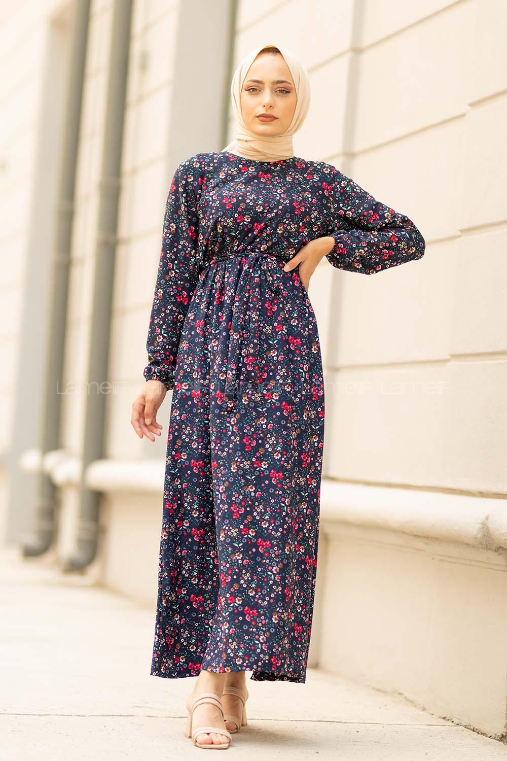 Modalamelif  Minimal Çiçek Desen Elbise Lacivert