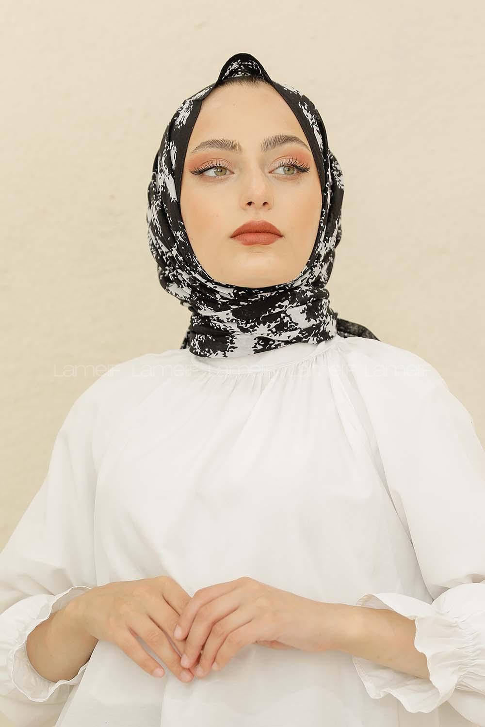 Modalamelif Siyah Renk Bulut Baskılı Pamuk Vual Şal