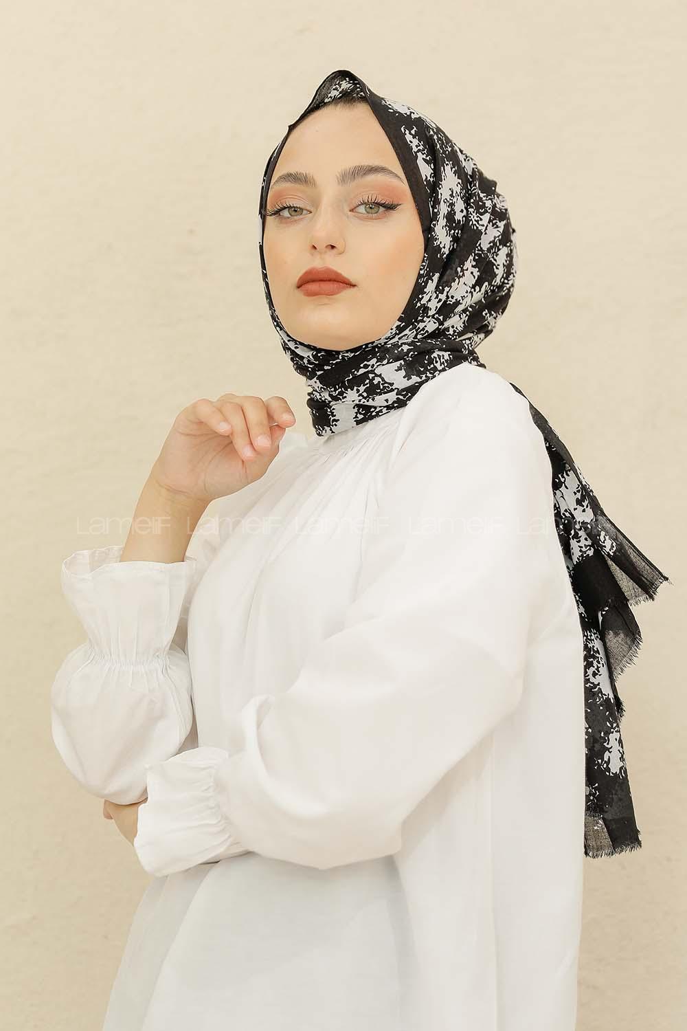 Modalamelif Siyah Renk Bulut Baskılı Pamuk Vual Şal