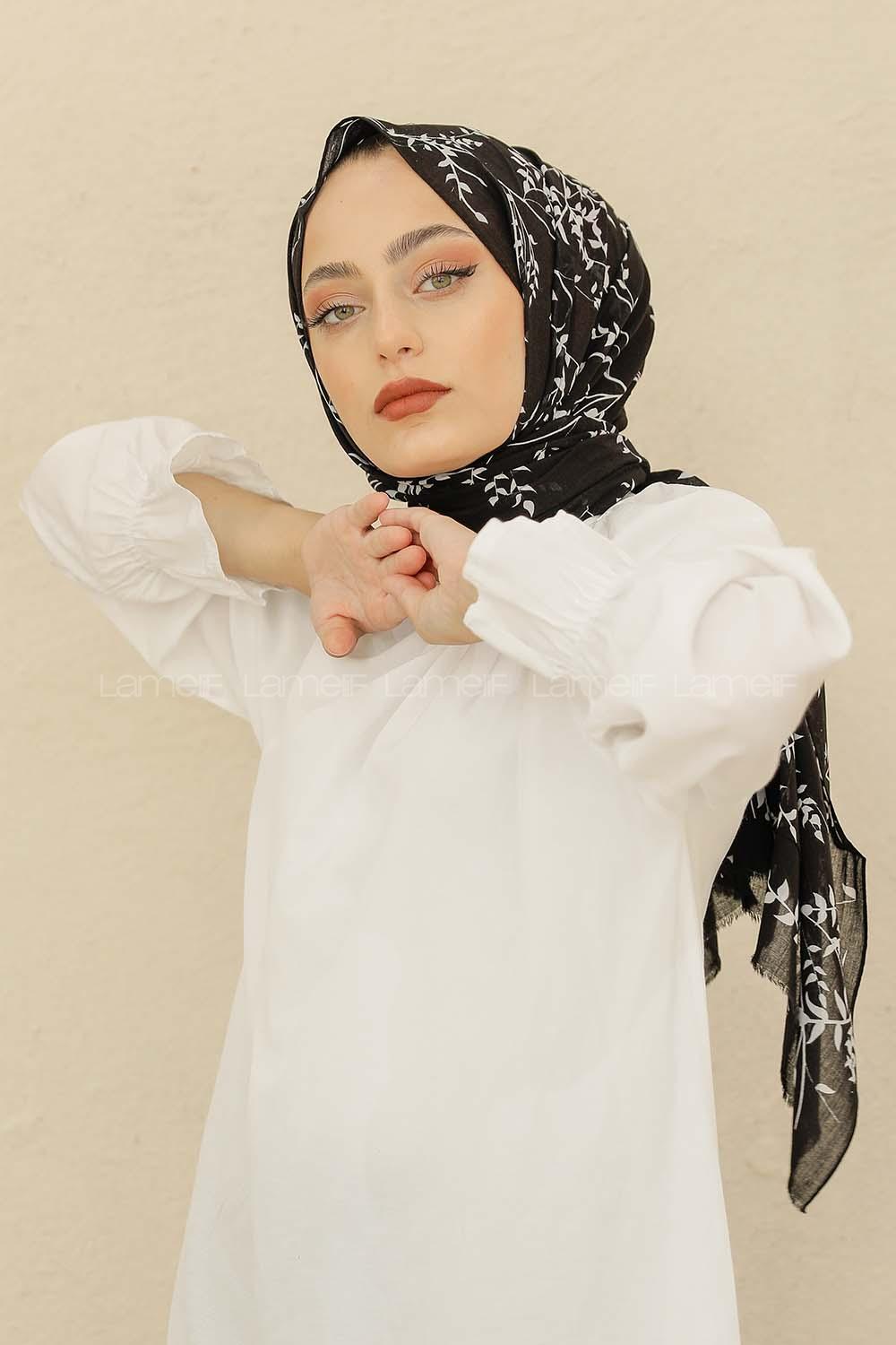 Modalamelif Siyah Renk Ceviz Yaprağı Pamuk Vual Şal