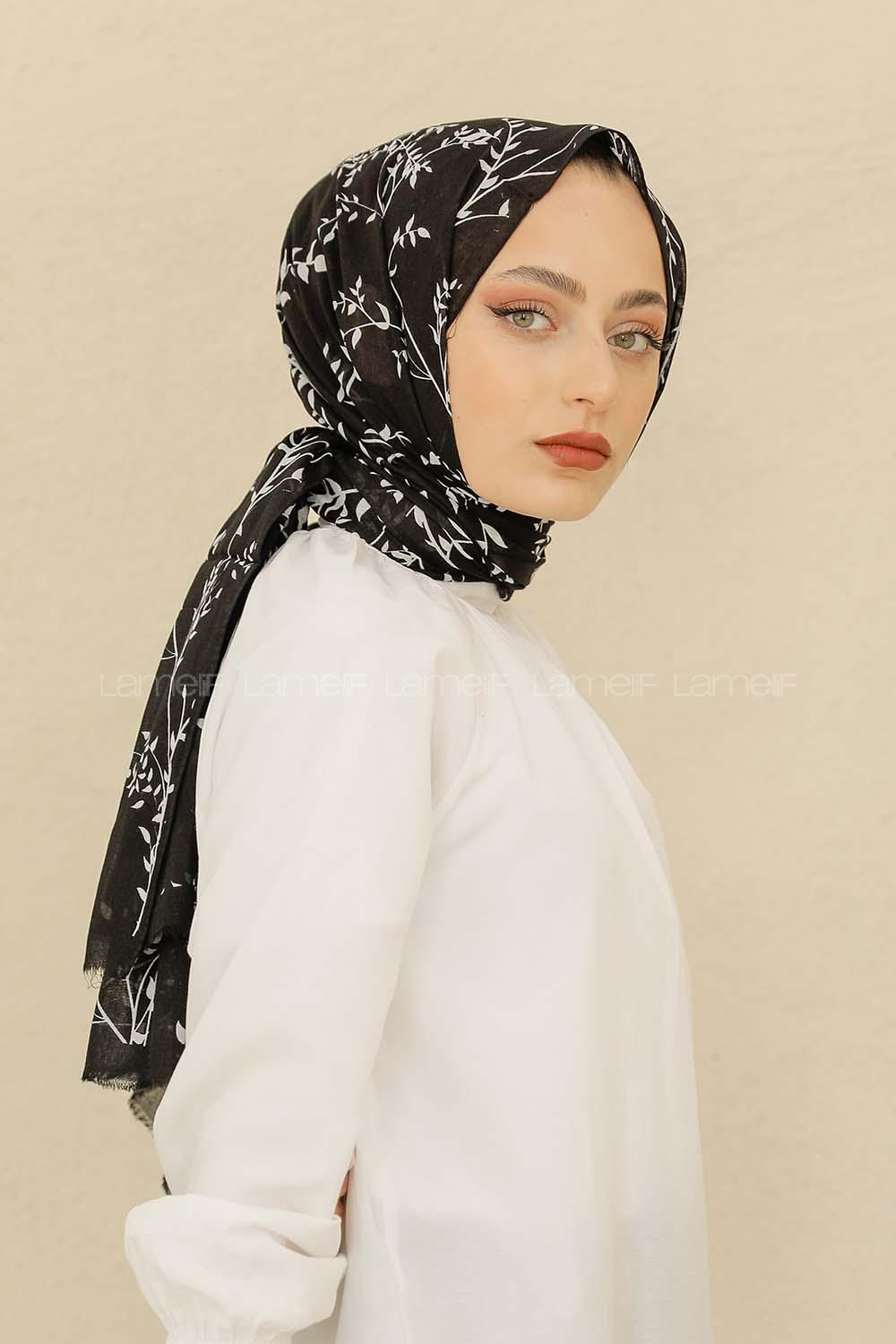 Modalamelif Siyah Renk Ceviz Yaprağı Pamuk Vual Şal