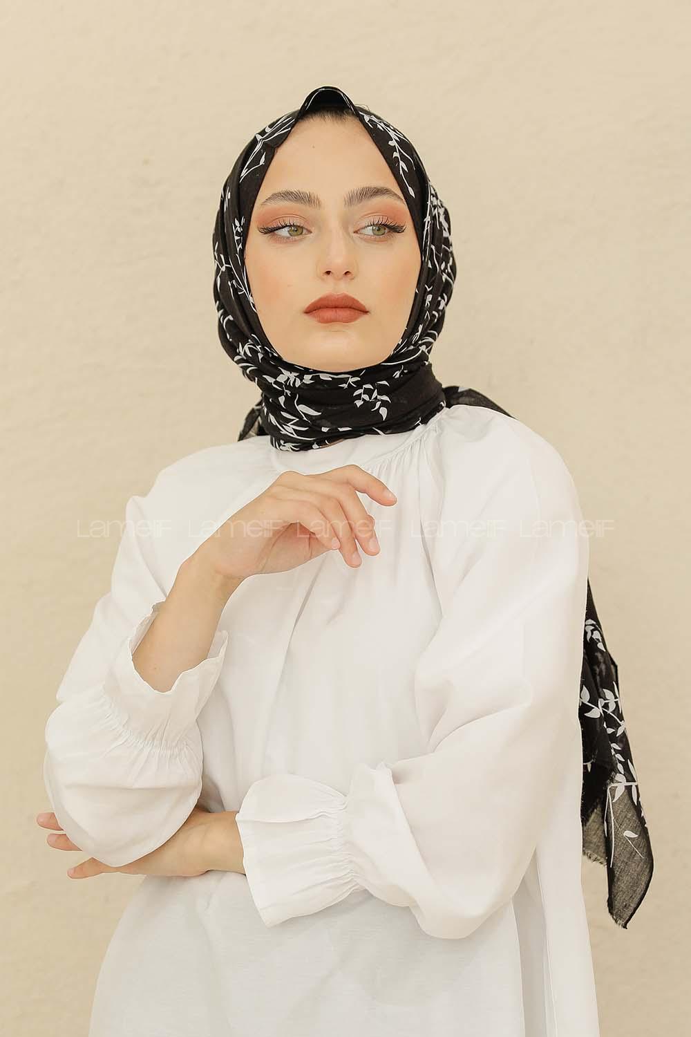 Modalamelif Siyah Renk Ceviz Yaprağı Pamuk Vual Şal