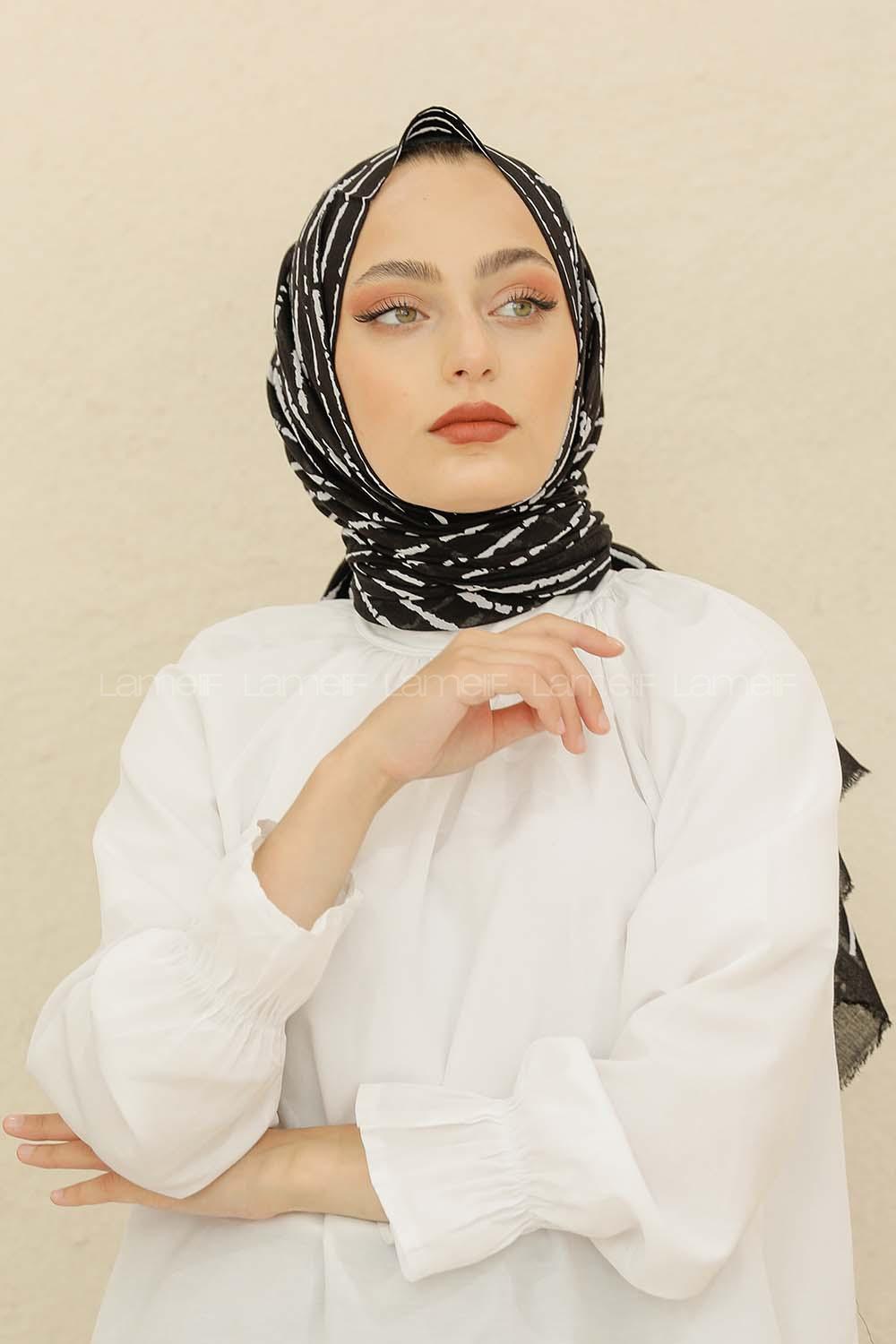 Modalamelif Siyah Renk Çizgi Desen Pamuk Vual Şal