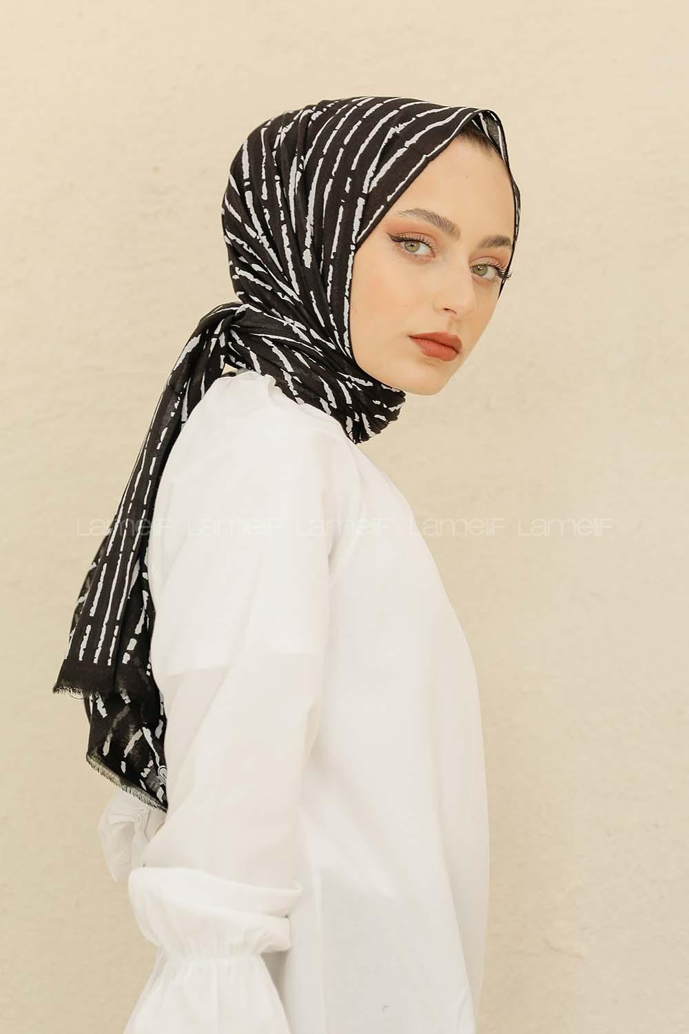 Modalamelif Siyah Renk Çizgi Desen Pamuk Vual Şal