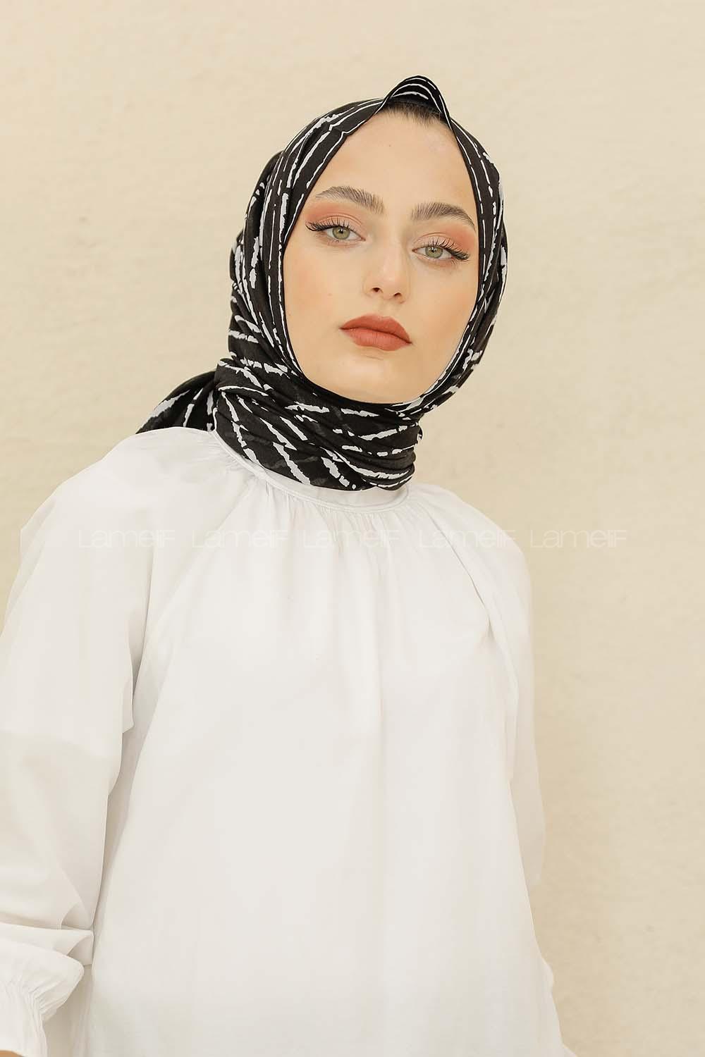 Modalamelif Siyah Renk Çizgi Desen Pamuk Vual Şal