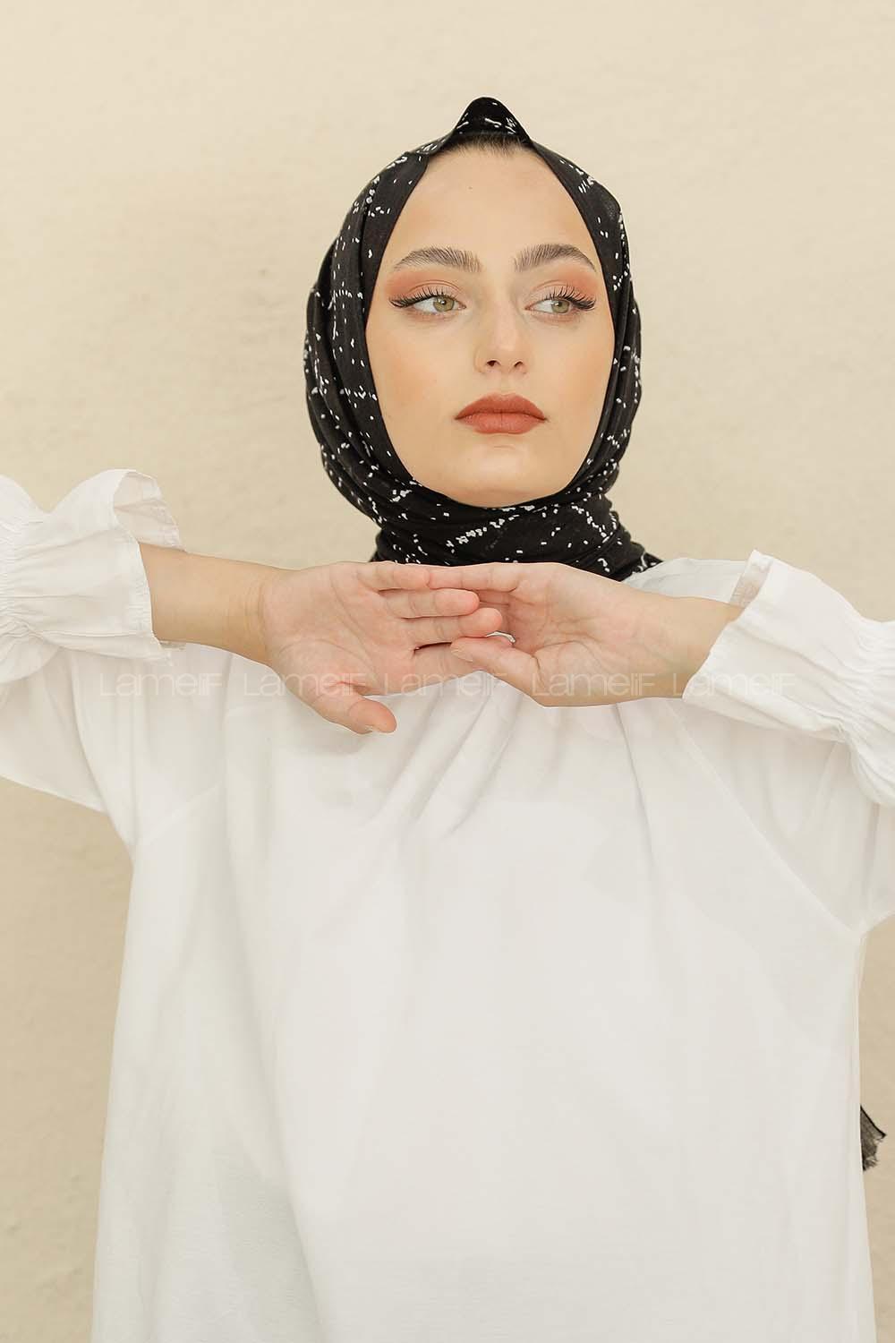 Modalamelif Siyah Renk Ekose Desen Pamuk Vual Şal