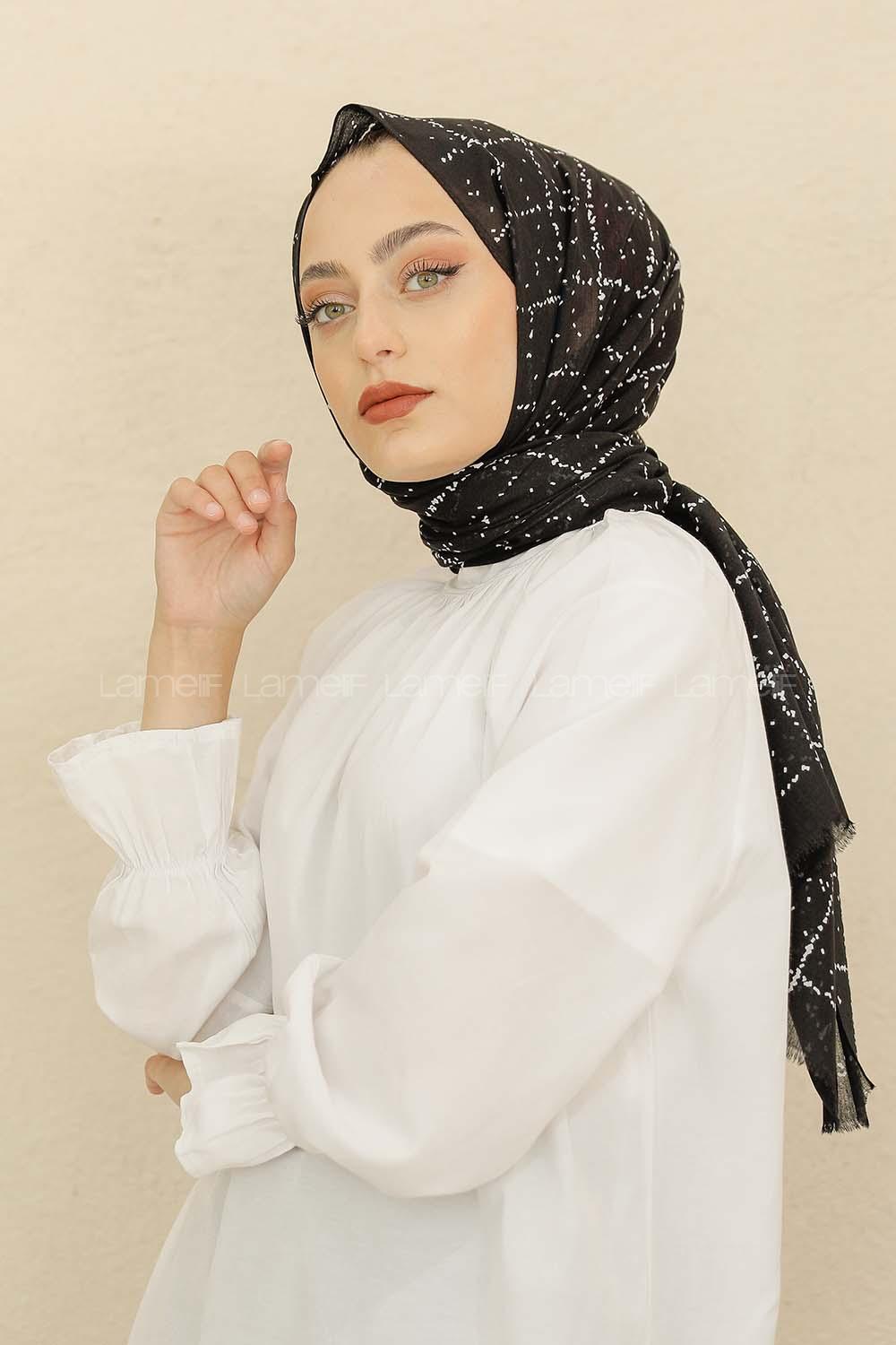 Modalamelif Siyah Renk Ekose Desen Pamuk Vual Şal