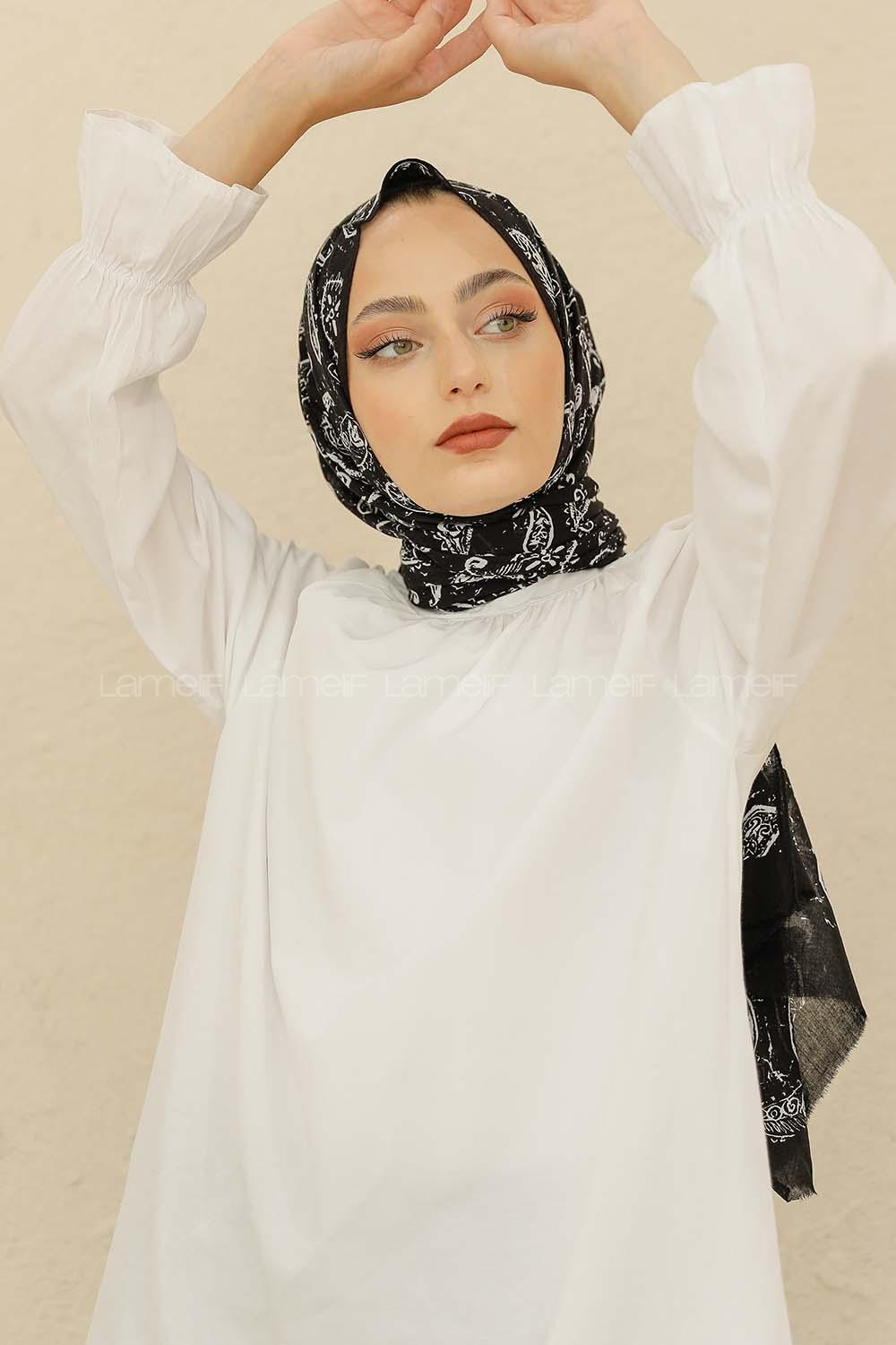 Modalamelif Siyah Renk Motif Baskılı Pamuk Vual Şal