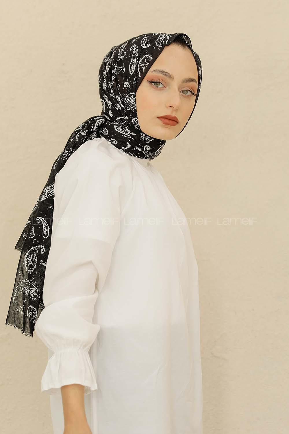 Modalamelif Siyah Renk Motif Baskılı Pamuk Vual Şal