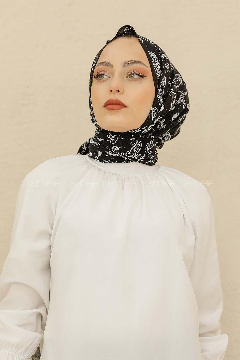 Modalamelif Siyah Renk Motif Baskılı Pamuk Vual Şal