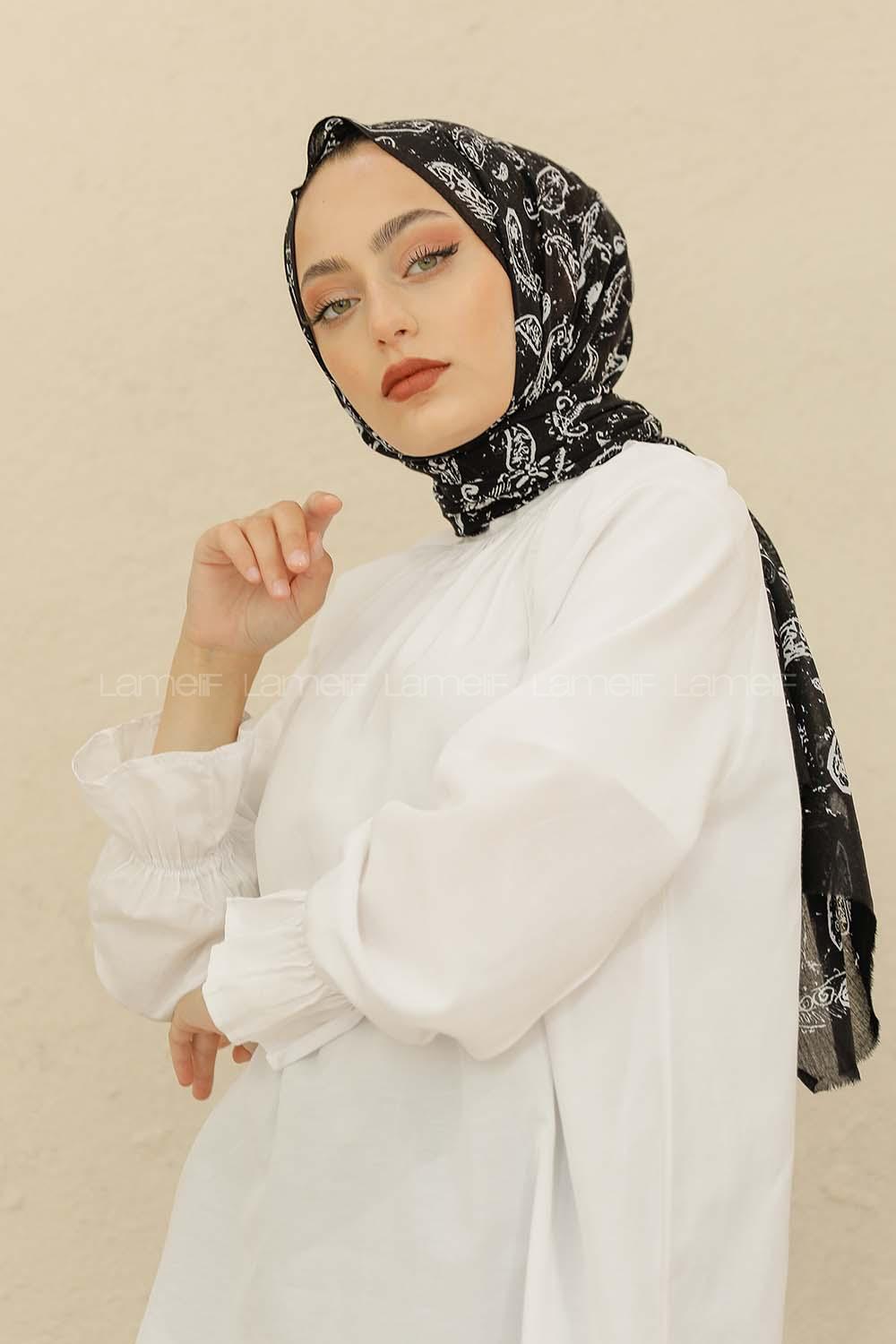 Modalamelif Siyah Renk Motif Baskılı Pamuk Vual Şal