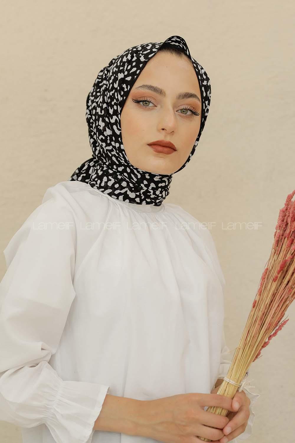 Modalamelif Siyah Renk Taş Motifli Pamuk Vual Şal