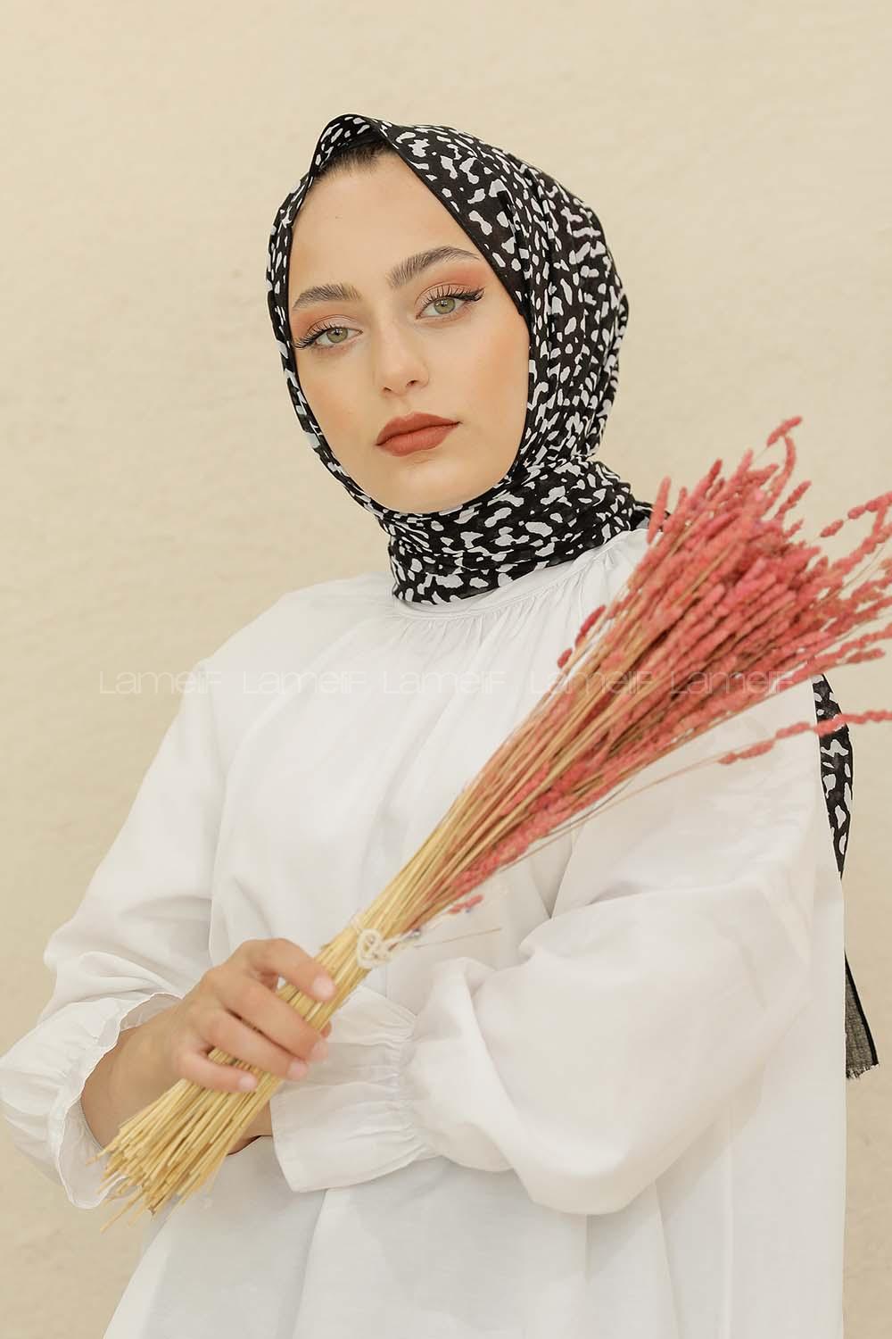 Modalamelif Siyah Renk Taş Motifli Pamuk Vual Şal