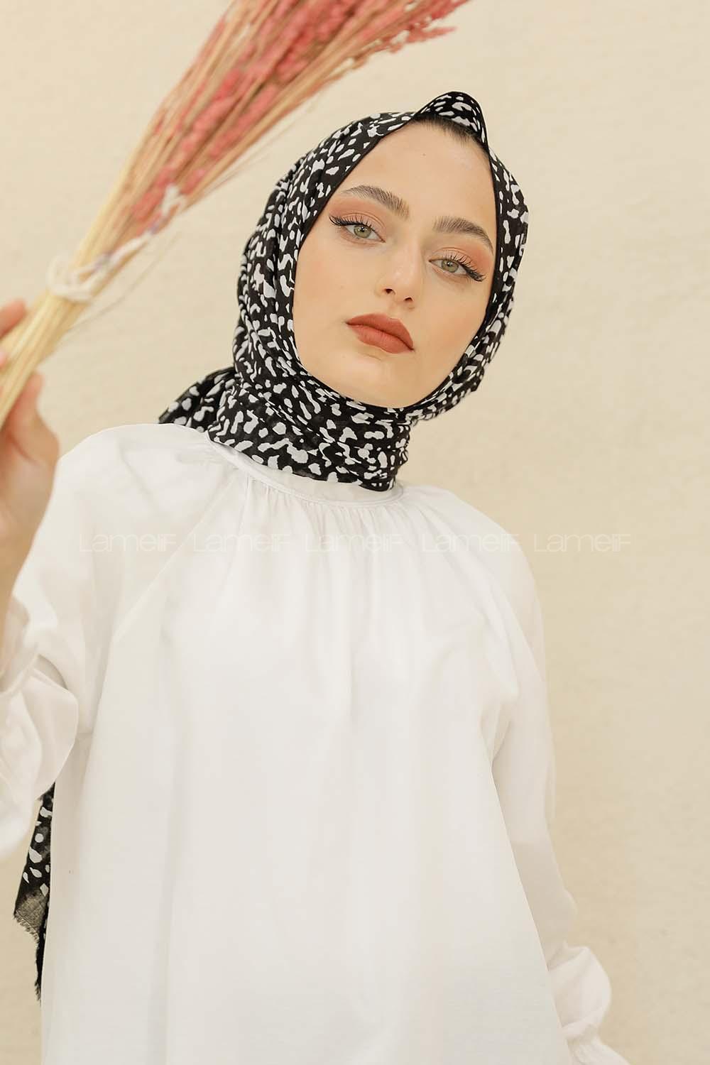 Modalamelif Siyah Renk Taş Motifli Pamuk Vual Şal