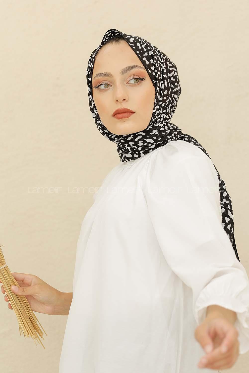 Modalamelif Siyah Renk Taş Motifli Pamuk Vual Şal