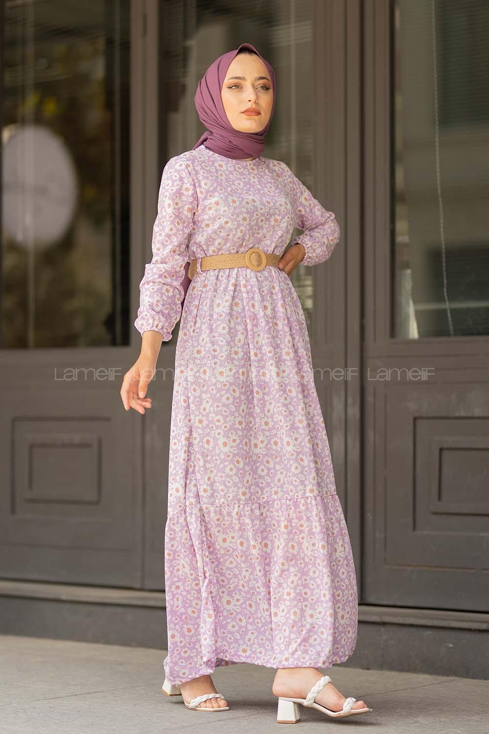 Modalamelif  Soyut Papatya Elbise Açık Lila